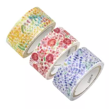 Kamiso Sansho Masking Tape SAIEN Original 3 Pattern Set Rose Lavender Field x 1 Made in Japan 20mm width x 3 rolls set (Mimosa Tree, Garden, each)