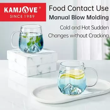 KAMJOVE 3D Snow Mountain Cup with Handle Home Breakfast Cup Juice Coffee Transparent Cup Cute Tea Milk Cup Glass Cup 380ml