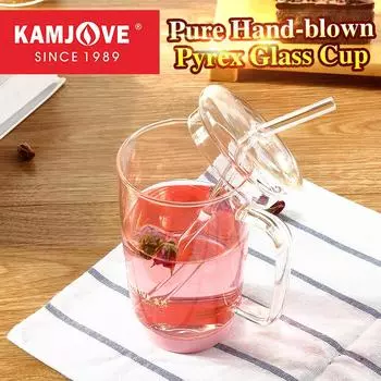 KAMJOVE термостойкая стеклянная кружка с крышкой, модная женская кружка с трубочкой, прозрачная стеклянная кружка, многоразовая кружка для сока AC-100 объемом 500 мл 500ml