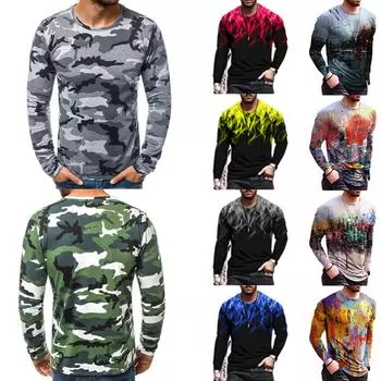 Камуфляжная футболка с пламенным галстуком и принтом, мужские футболки с круглым вырезом и длинными рукавами