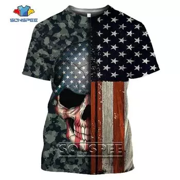 Камуфляжная одежда SONSPEE, футболка с 3D принтом, ужас, череп, унисекс, американский флаг, с коротким рукавом, свободные футболки с круглым вырезом, уличная одежда, топ 6XL