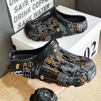 Камуфляжные туфли с отверстиями 2025 года, новые сандалии с застежкой-молнией, мужская пляжная обувь, повседневная садовая обувь, сандалии с принтом, мужские 40 чёрный