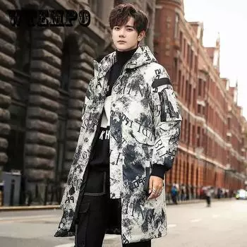 Камуфляжный пуховик, мужской пуховик с капюшоном, зимняя утепленная и теплая пуховая куртка, длинная 4XL