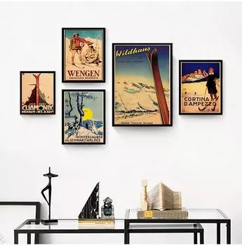 Канада Лыжи на Аляске холст живопись катание на лыжах винтажные настенные крафт-постеры с покрытием настенные наклейки украшения дома фотографии подарок без рамки 21*30cm