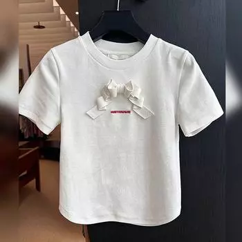 Канал Скот Товары! Супер Трещиноватый Уникальный Шикарный Белые Банты Футболка с Коротким Рукавом Внутреннее Белье Нишевый Стиль Нежные Топы Лето White T-Shirt S