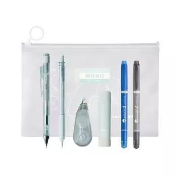 Канцелярский набор карандашей Tombow, MONO PiT Pastel Glasses, синий карандаш x клей, корректирующая цветная ручка x ограниченный футляр в комплекте (Механический 0,5 мм 2, Ластик,