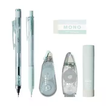 Канцелярский набор Tombow Pencil MONO x PiT, пастельное стекло, синий, 6 предметов (Механический карандаш 0,5 мм x 2 Ластик Клей-карандаш Корректирующая лента Клейкая лента) ПКК-64