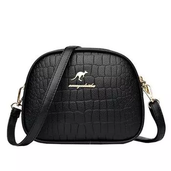 Kangaroo Genuine Goods Genuine Leather Diamond Small Bag 2025 New Arrival Tide Casual Small round Bag First Layer Leather One-Shoulder Messenger Bag Black fabric: first layer of cowhide