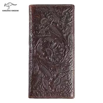 KANGAROO KINGDOM винтажный мужской кошелек, длинный тонкий двойной держатель для карт, кошелек из натуральной кожи чёрный