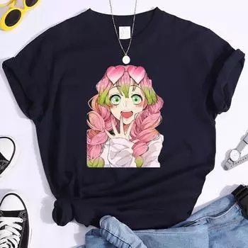 Kanroji Mitsuri футболка с графическим принтом, женская летняя повседневная футболка с круглым вырезом, уютная уличная одежда с короткими рукавами, модные футболки в стиле Харадзюку в стиле аниме S темно-синий