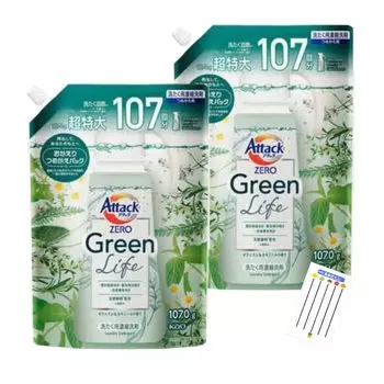 Kao Attack ZERO Green Life Green Life Жидкое средство для стирки Sakuyahime STORE Оригинальная лотерея 1070 г Набор + (Заправка 2)