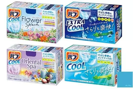 Kao Bub Cool набор ассорти по 12 таблеток каждого вида + бонус соль для ванны COOL 4 вида (Прохладный/Очень прохладный/Цветочный всплеск/Восточный спа) +