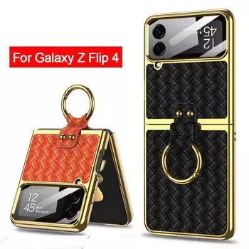 Капа-подставка с кольцом для Samsung Galaxy Z Flip 4 5g Flip4, чехол с плетением, текстурированная кожа, линзы, закаленное стекло, пластиковый чехол для ПК For Galaxy Z Flip 4 золотой