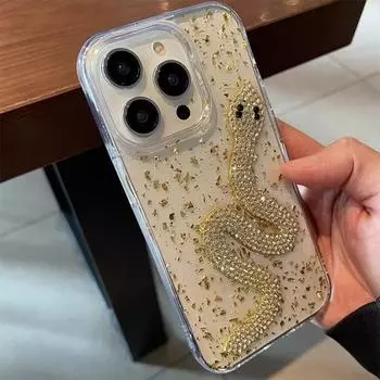 Капельный клей Прозрачный 3D-чехол с блестками из золотой фольги в виде змеи для iPhone 16, 15, 14 Plus, 13, 12, 11 Pro Max, блестящий чехол со стразами iPhone 16 Pro Max