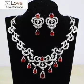 Капля воды красный Cz белый циркон женские серебряные свадебные украшения серьги кулон ожерелье комплекты красный