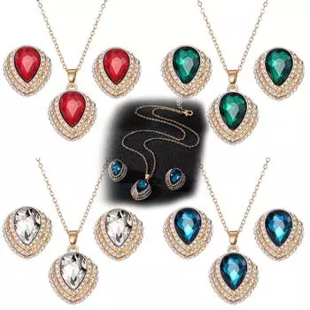 Капля воды с бриллиантовым колье и серьгами Роскошное и элегантное ожерелье с большим драгоценным камнем Глянцевое ожерелье Серьги Ожерелье Набор Ожерелье для вечеринки и ужина Подарок синий