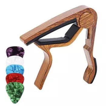 Каподастр для акустической, электрогитары, укулеле, текстура дерева с 5 медиаторами, гитара в одно касание, гитара, (Цвет дерева)