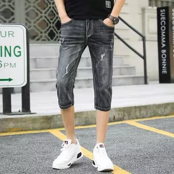 Капри мужские корейские облегающие маленькие прямые мужские брюки летние легкие, дышащие, универсальные повседневные джинсы для мужчин 27 синий