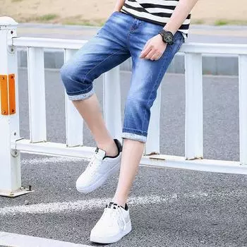 Капри мужские корейские облегающие маленькие прямые мужские брюки летние легкие, дышащие, универсальные повседневные джинсы для мужчин 28 синий