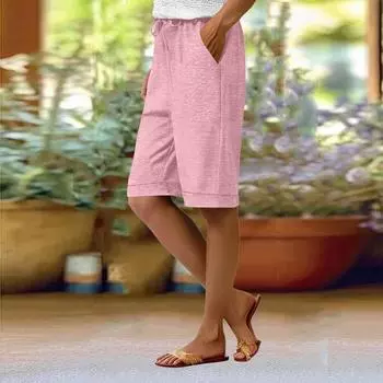 Капри женские укороченные льняные брюки длиной до колена с высокой талией и карманами L розовый
