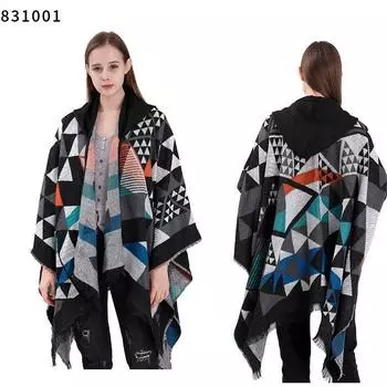 Капюшон-накидка шаль женская клетчатая зимняя теплая вязаная шаль шарф шаль двойного назначения 130*150 CM красный