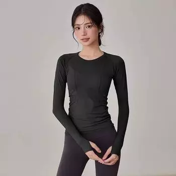 Капуста Высококачественная одежда для йоги Женская Осень и Зима Круглый вырез Приталенная Длинные рукава Дышащая Длинные рукава Одежда для бега Пилатес Тренировочная одежда Black A (A/B lines slightly different) XL