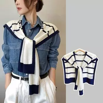 Карамельный цветной шарф на плечо, основа, трикотажная блузка, унисекс, полосатая вязаная шаль, лето синий/белый