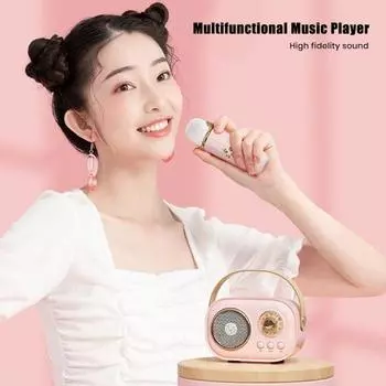 Караоке-колонка, многофункциональный музыкальный плеер с беспроводными микрофонами, перезаряжаемый портативный динамик с поддержкой Bluetooth жёлтый