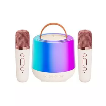 Караоке-машина Мини-беспроводной микрофон и динамик с 2 микрофонами Домашний набор КТВ со светодиодной подсветкой белый