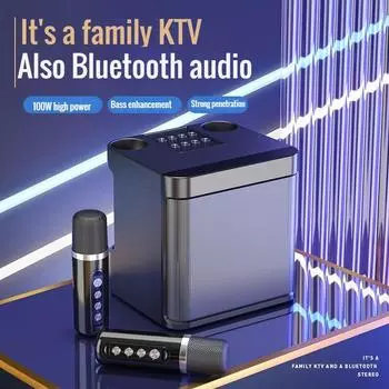 Караоке-машина с двумя микрофонами, 100 Вт для взрослых и детей, портативная акустическая система Bluetooth PA с беспроводными микрофонами для дома чёрный