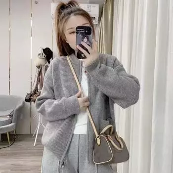 Кардиган 2023, весна и осень, высококачественный вертикальный полосатый кардиган с двойной молнией и круглым вырезом, винтажный свитер, женское пальто One Size фиолетовый