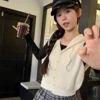 Кардиган без рукавов с капюшоном, короткий дизайн, новый трикотажный жилет со свободным верхом и наплечниками, свитер, куртка one size белый