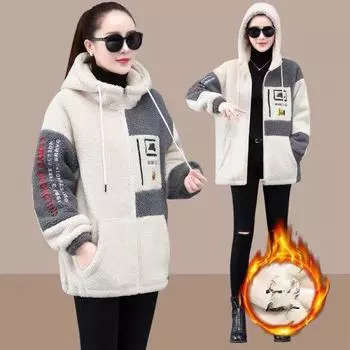 Кардиган большого размера из овечьей шерсти, женская осенне-зимняя свободная куртка из толстого бархата с капюшоном 2XL чёрный