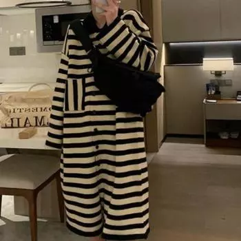 Кардиган, черно-белое полосатое шерстяное платье для женщин, ранняя осень, корейский свободный длинный пуловер выше колена, вязаный свитер женский One Size серый