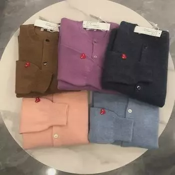 «Кардиган Chuanjiu Red Heart из чистой шерсти 2023 года с вышитым на манжетах сердечком — модный, универсальный парный свитер» Women s S (Round neck) синий/серый