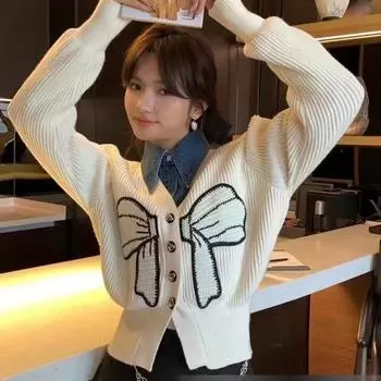 Кардиган, дизайн, соответствующий цвет, вязаный кардиган с вышивкой и бантом, осень 2022, женский свитер с v-образным вырезом в западном стиле