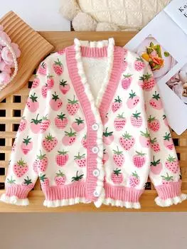 Кардиган для девочек, осенняя новинка, детская модная вязаная одежда, детская весенне-осенняя куртка в клубничном стиле 90