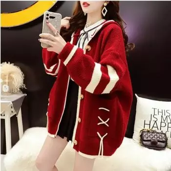 Кардиган для девочек в стиле преппи со шнуровкой и капюшоном, свободный осенний вязаный свитер с большими карманами, однобортный свитер One Size красный