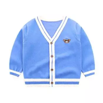 Кардиган для мальчиков, свитер, детская хлопковая вязаная верхняя одежда с v-образным вырезом, повседневная куртка с вышивкой 90cm синий