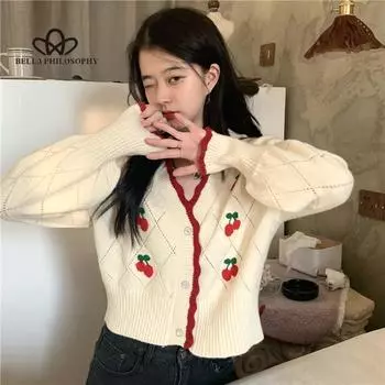 Кардиган для женщин, милый свободный вязаный свитер с вышивкой, женский вязаный свитер, корейские топы, осень 2020 S чёрный