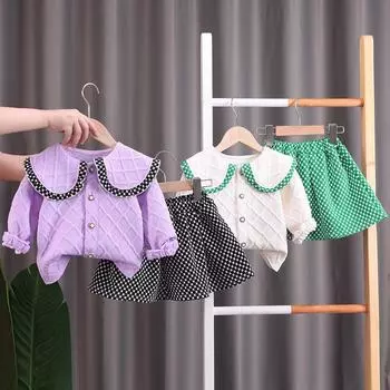Кардиган и юбка для маленьких девочек, комплект из двух предметов, вязаный топ с ромбовидными лацканами, короткая юбка, комплект детской одежды 90