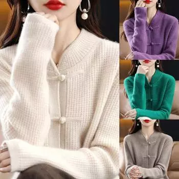 Кардиган из 100% кашемира, женский осенне-зимний новый свитер в китайском стиле с пуговицами в стиле ретро, свитер средней высоты, пальто, свободный однотонный шерстяной вязаный топ XXL