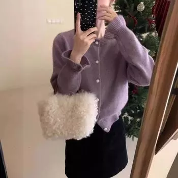 Кардиган из бархата енота с круглым вырезом, женский свитер с фиолетовыми бутонами и рукавами, небольшой ароматный ветер, трикотажная куртка для весны и осени, тонкие топы one size красный