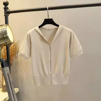 Кардиган из белой вязаной ткани на молнии с V-образным вырезом, футболка с капюшоном, короткий рукав Khakis L