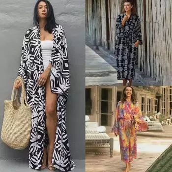 Кардиган из хлопка с черно-белым цветочным принтом в европейском и американском стиле - пляжная накидка для отдыха на море One Size