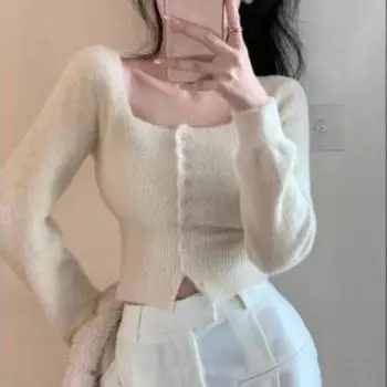 Кардиган из искусственного норкового флиса с квадратным вырезом, женский осенне-зимний однотонный короткий топ, уникальный вязаный женский свитер