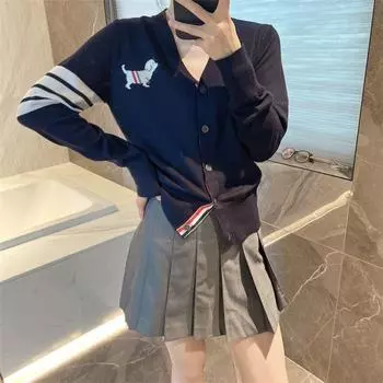 Кардиган из шерсти с V-образным вырезом и четырьмя полосками, вышивка Navy blue High Version] M