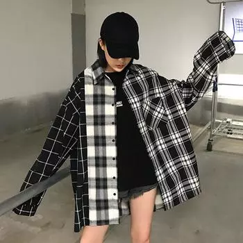 Кардиган, клетчатая рубашка, женская, с длинными рукавами, свободная куртка, рубашка XS чёрный