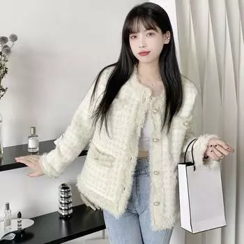 Кардиган, клетчатый свитер, пальто, женское весеннее и осеннее пальто из искусственного норкового флиса, темпераментное пальто-кардиган с длинными рукавами, женское One Size бежевый