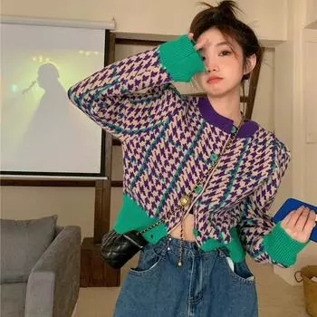 Кардиган контрастного цвета с тысячей птиц и круглым вырезом, однобортный вязаный свитер, женственный универсальный зарубежный свитер, топ One Size зелёный
